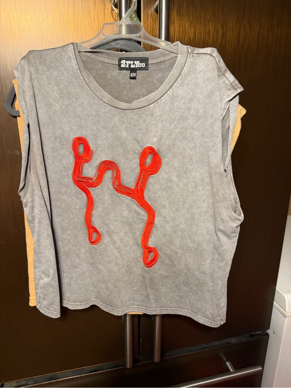 2F Lyco Gray Muscle Tee with Red Embroidered Detail